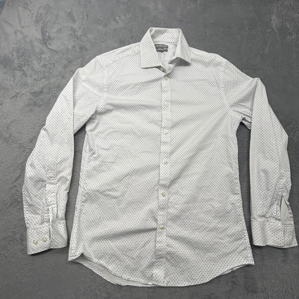 Michael Kors Mens Slim Fit Stretch Shirt White Blue Geometric Print 15 32/33